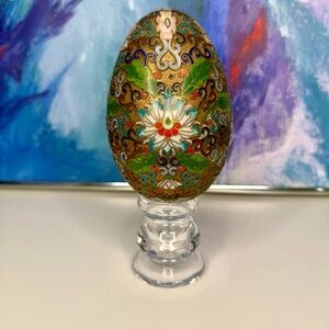 Chinese Cloisonné Metal Egg with Glass Display Stand Vintage Floral Enamel Lotus